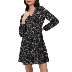 Black Polka Dot V-Neck Long Sleeve A-Line Dress